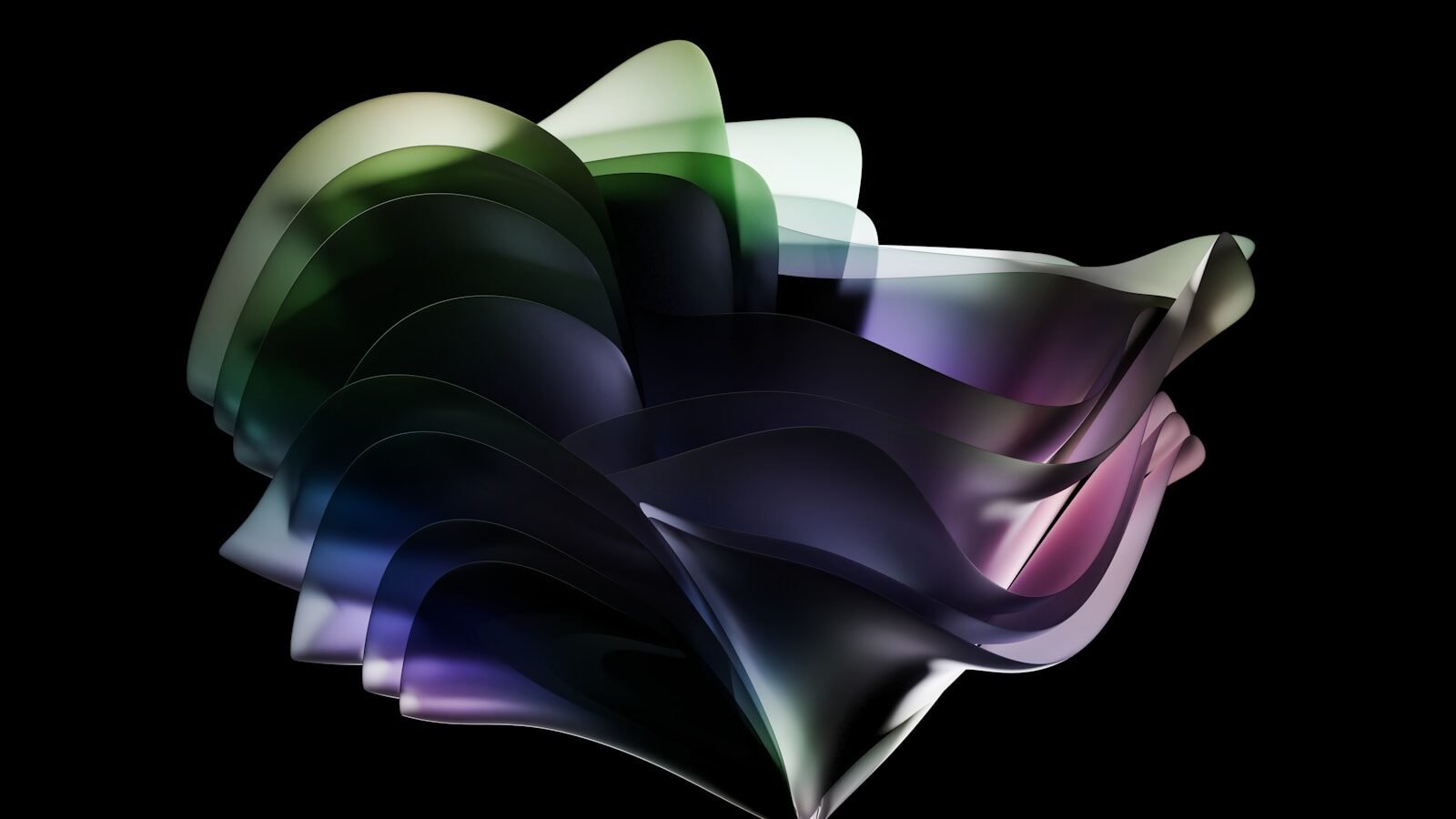 Abstract colorful flowing shapes on a black background.